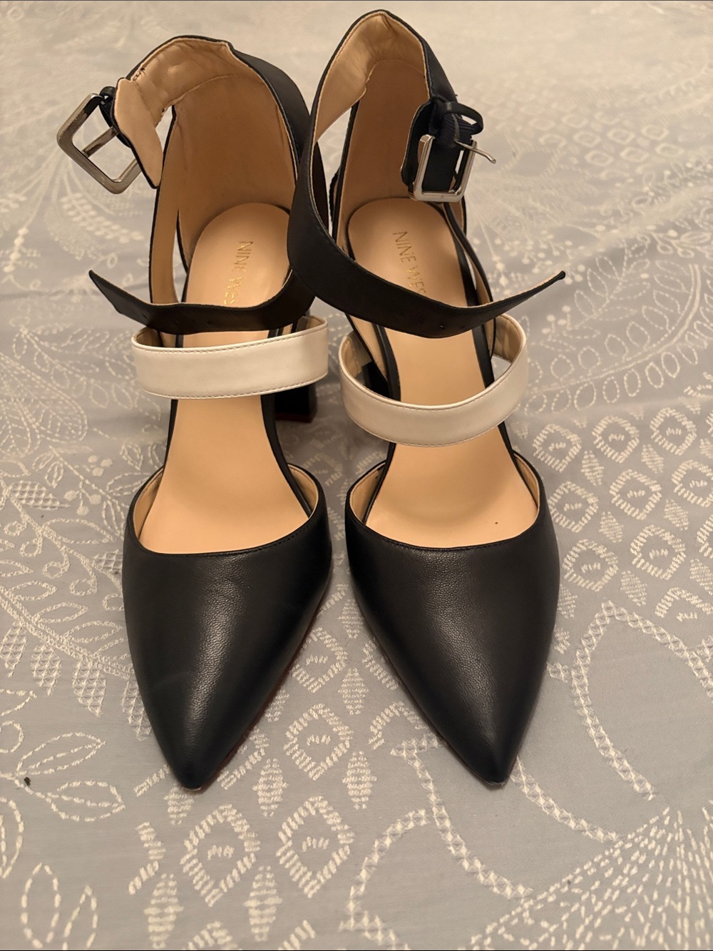 Nine West - Navy and White Pointed Toe Ankle-Strap Pumps- Like New!!